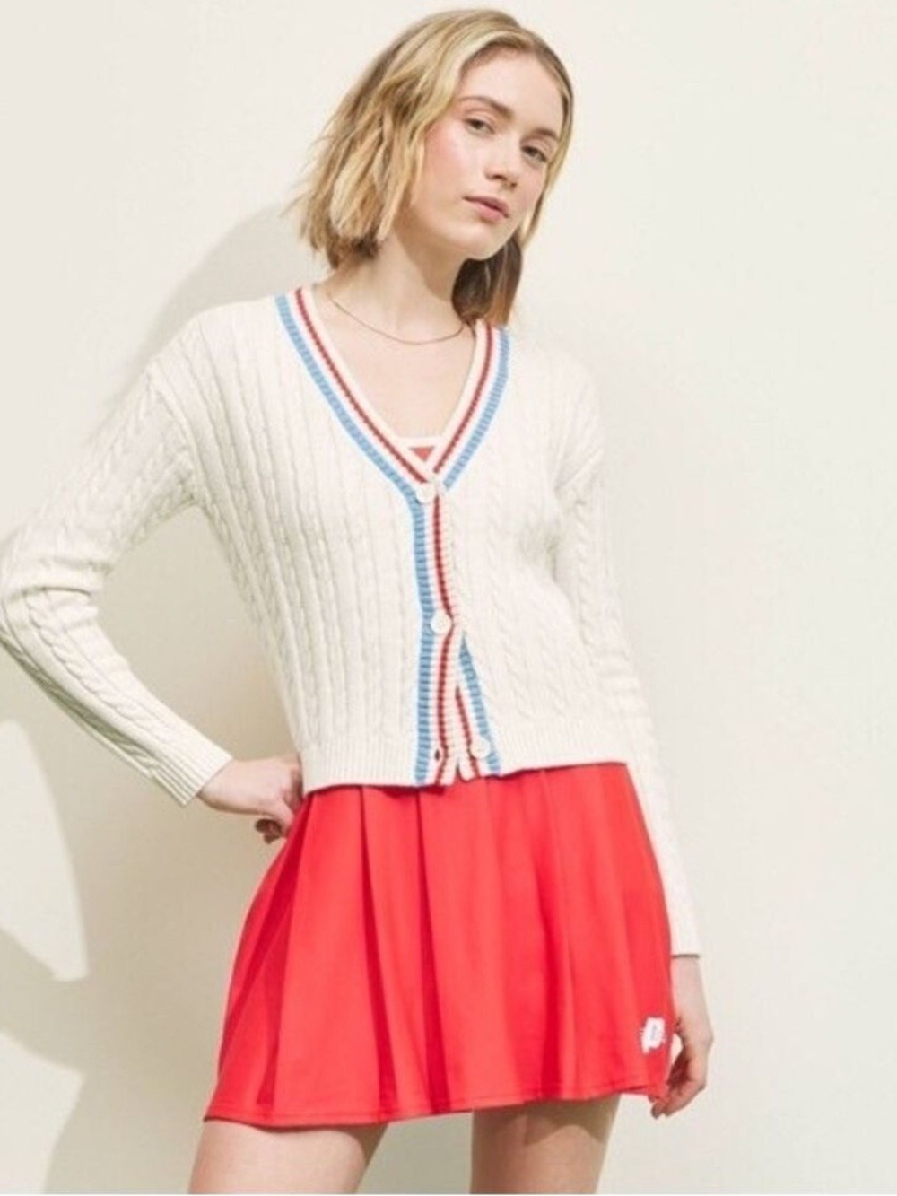Prince Pickleball Cable Knit Cardigan in Cream w/ Blue and Red Trim- Size Medium